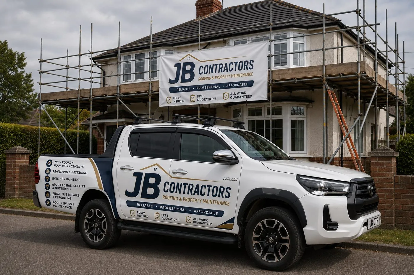 St Columb Major Roofing pickup truck on site at a scaffolded roofing job in St Columb Major